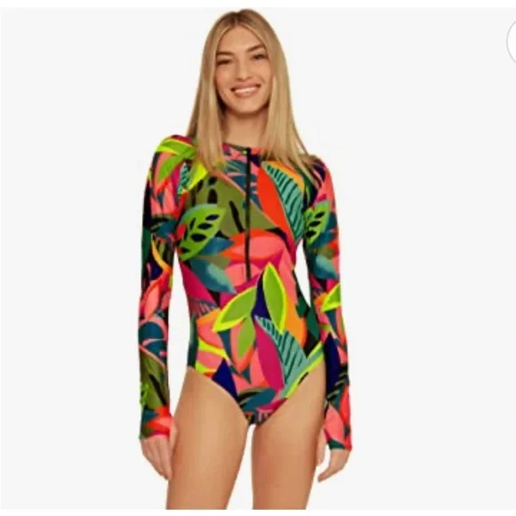 Trina Turk Rainforest Open Back Paddlesuit Rashguard Long Sleeved Swimsuit 1 Pc - Picture 5 of 8